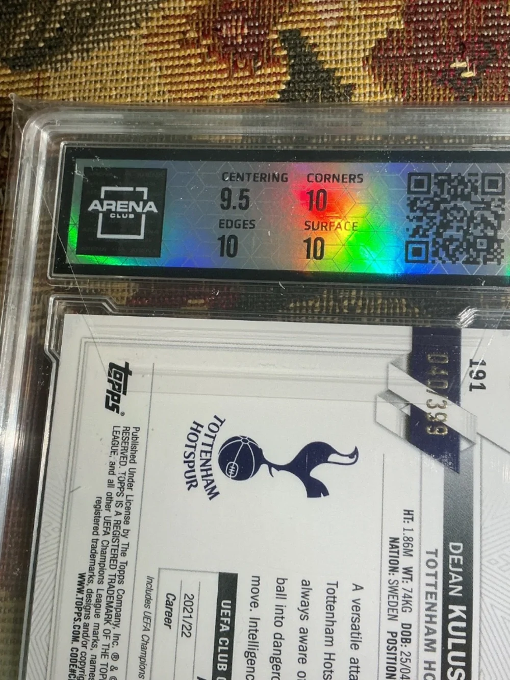 2022 Topps Chrome Dejan Kulusevski #19 Neon Green Shimmer /399 Graded Arena 10